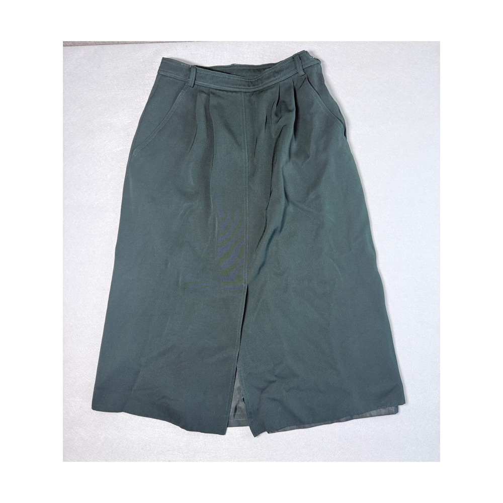 Bogner Vintage Forest Green Wool Pleated Midi Skirt Size 8 Made in USA Pockets
